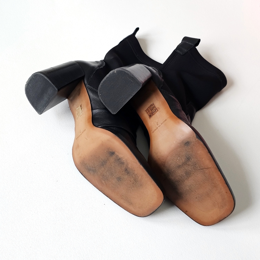 ASOS Black Leather Ankle Sock Boots Square Toe Block Heel Spain Made UK 7 US 9 - Picture 8 of 13